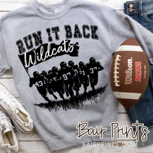 Gray "Run It Back Wildcats" football sweatshirt with bold black lettering and silhouette of players running, styled for customizable school spirit wear.