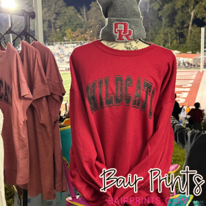 Red unisex Wildcats glitter sweatshirt made by Bair Prints, custom spirit wear for school and game day fans.